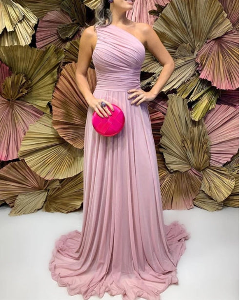 Pleated Chiffon One Shoulder Bridesmaid Dresses Wedding Guest Party Dresses With Sweep Train