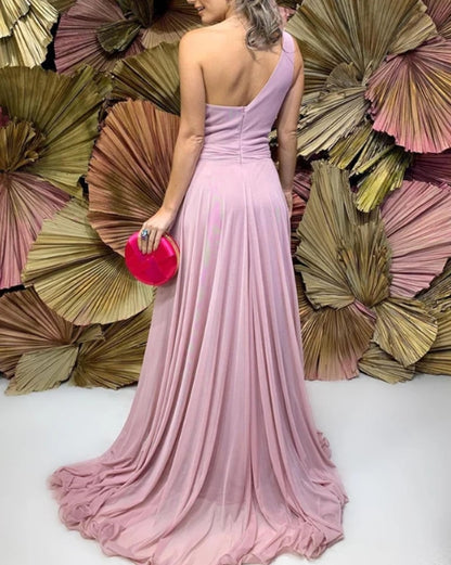 Pleated Chiffon One Shoulder Bridesmaid Dresses Wedding Guest Party Dresses With Sweep Train