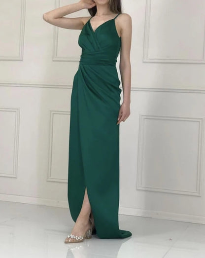 Sheath Bridesmaid Dresses Pleated V Neck Split Floor-length Evening Dresses