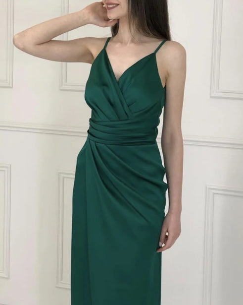 Sheath Bridesmaid Dresses Pleated V Neck Split Floor-length Evening Dresses