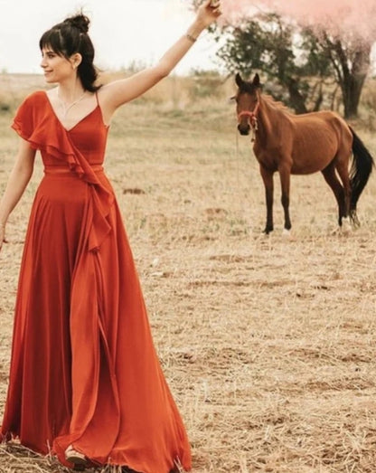 Boho Chiffon Floor-length Bridesmaid Dresses Asymmetrical Neckline With Slit