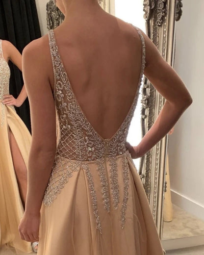 Long Champagne Prom Dresses Beaded V Neck Split A-Line Backless Evening Dresses