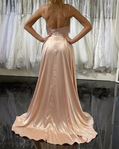 Blush Pink Satin Bridesmaid Dresses Cowl Neck Split A-Line Floor-length Evening Dresses