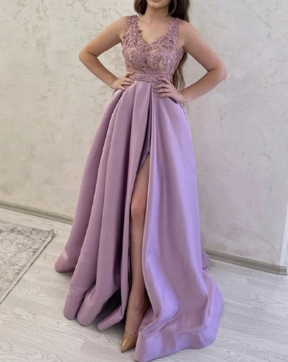 A-line Satin V Neck Appliques Split Dresses Evening Dresses Prom Dresses