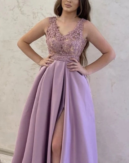 A-line Satin V Neck Appliques Split Dresses Evening Dresses Prom Dresses