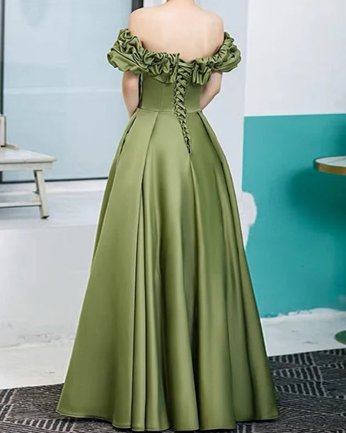 A-Line Princess Moss Green Satin Bridesmaid Dresses Evening Dresses With Pockets