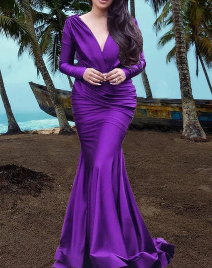 Purple Long Sleeve V-Neck Mermaid Bridesmaid Dresses Evening Dresses