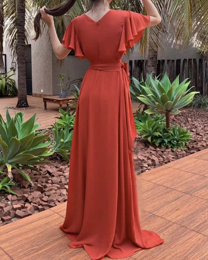 A-Line V-Neck Terracotta Chiffon Bridesmaid Dresses With Sleeve