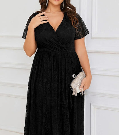 A-Line V-Neck Mother Of The Bride Dresses Plus Size Short Sleeve Ruffled Lace Formal Evening Dress