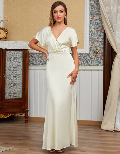 Ivory V-Neck Bridesmaid Dress Floor-length with Sleeve