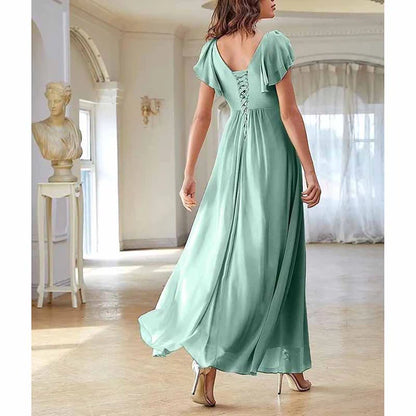 Chiffon Bridesmaid Dress V Neck Formal Dres Wedding Guest Dress With Slipt