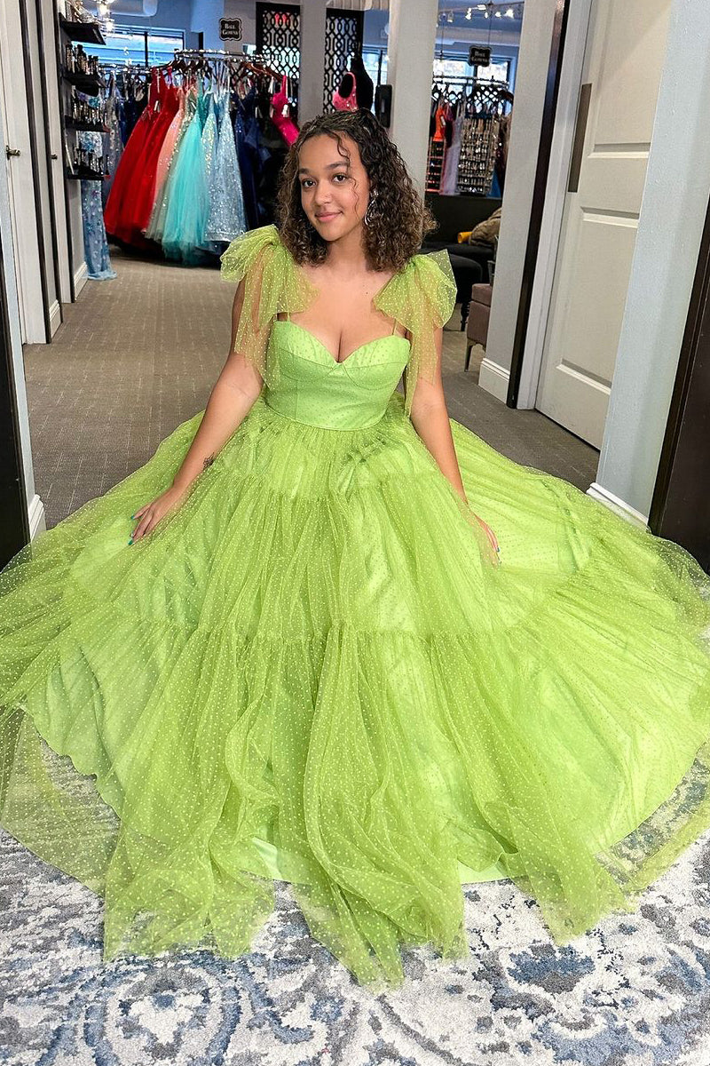 Sage Green Sweetheart Tulle Long Prom Dresses with Bow Tie