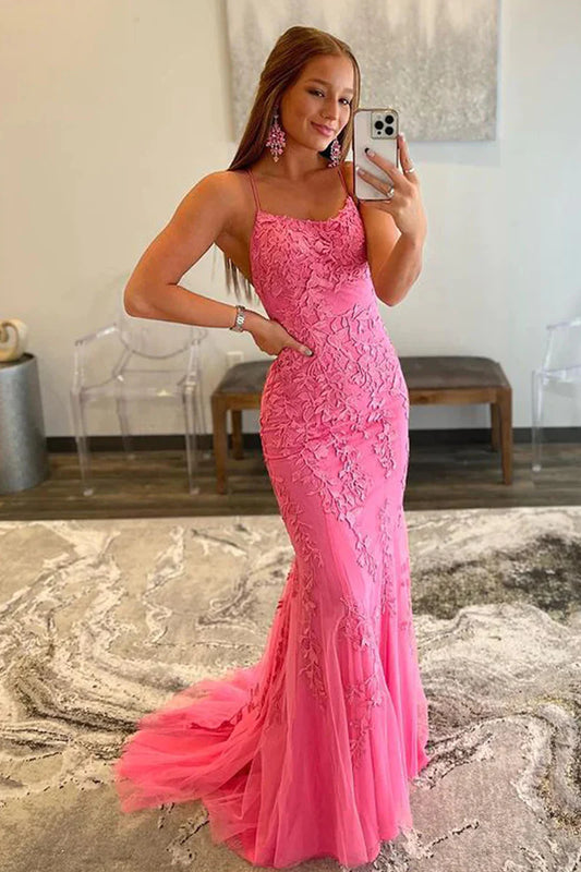 Stunning Mermaid V Neck Hot Pink Lace Prom Dress for