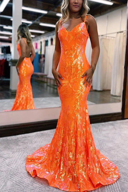 Sparkly Mermaid V Neck Orange Sequins Long Prom Dresses