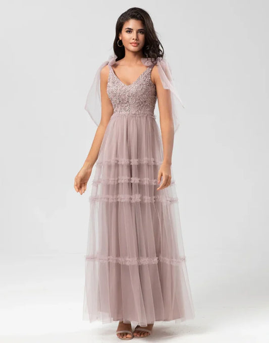 A-Line V Neck Dusty Pink Long with Beading Bridesmaid Dress