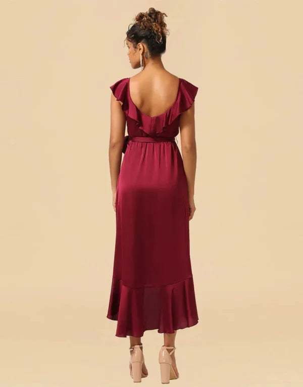 Asymmetrical Burgundy Satin With Ruffle Bridesmaid Dress