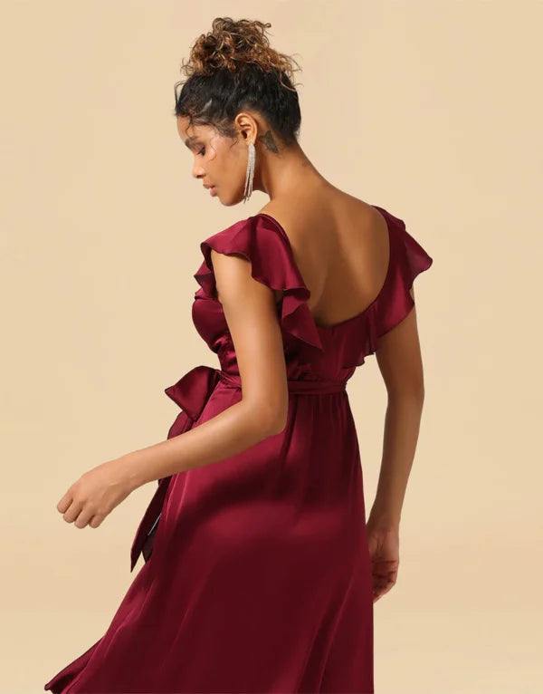 Asymmetrical Burgundy Satin With Ruffle Bridesmaid Dress