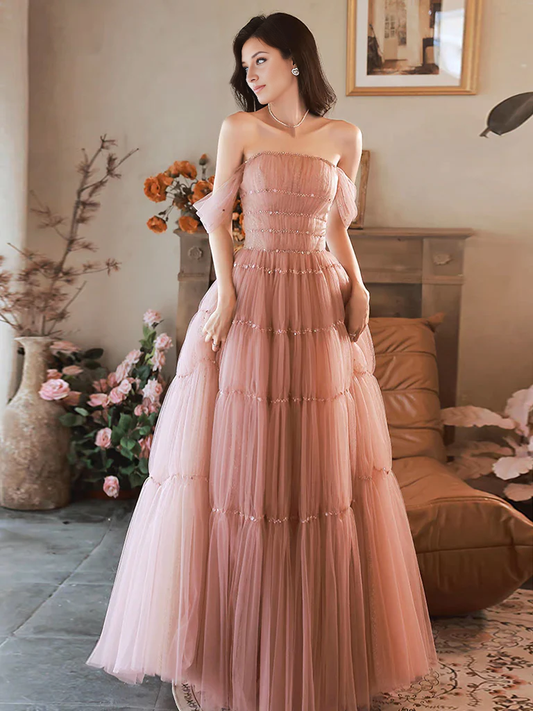 A-Line Princess Pink Off Shoulder Long Prom Dress Formal Dress