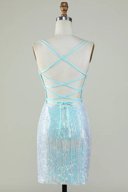 Sheath Spaghetti Straps Light Blue Sequins Criss Cross Back Homecoming Dress