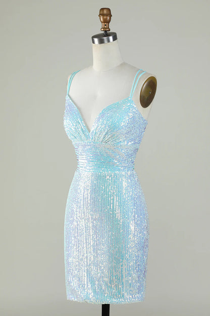 Sheath Spaghetti Straps Light Blue Sequins Criss Cross Back Homecoming Dress