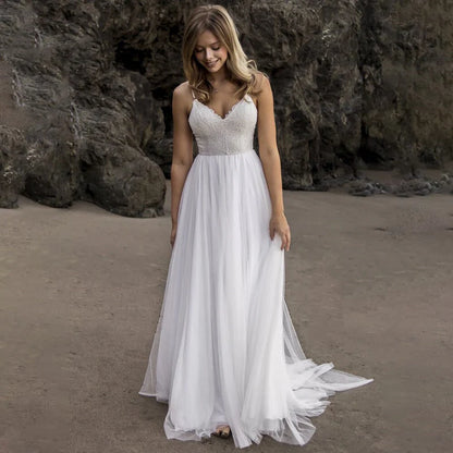 Smiple Tulle Sweetheart Wedding Dresses With Lace Appliques Beach Bride Gown