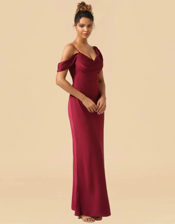 Asymmetrical Shoulder Straps Floor Length Satin Bridesmaid Dress