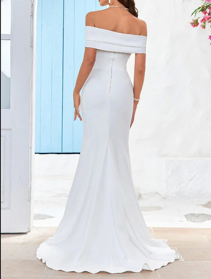 Mermaid Simple Ivory Off the Shoulder Wedding Dress with Slit