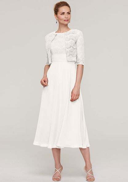 A-line/Princess Scoop Neck Sleeveless Tea-Length Chiffon Mother of the Bride Dress With Lace Jacket