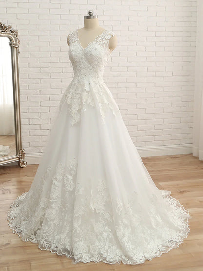 A-Line/Princess V-Neck Sleeveless Applique Tulle Floor-Length Wedding Dresses