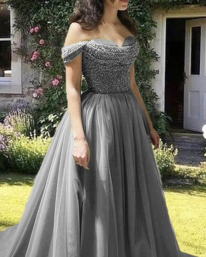 Flowy Tulle Off Shoulder Beaded Cowl Neck Dress Ballgown Prom Dresses