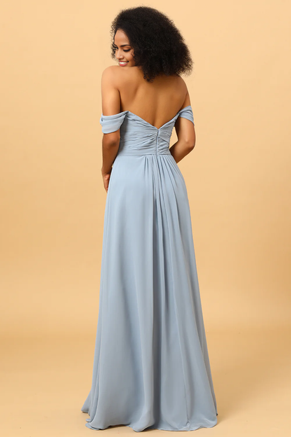 Off Shoulder Chiffon Blue Long Dress Bridesmaid Dress with Slit