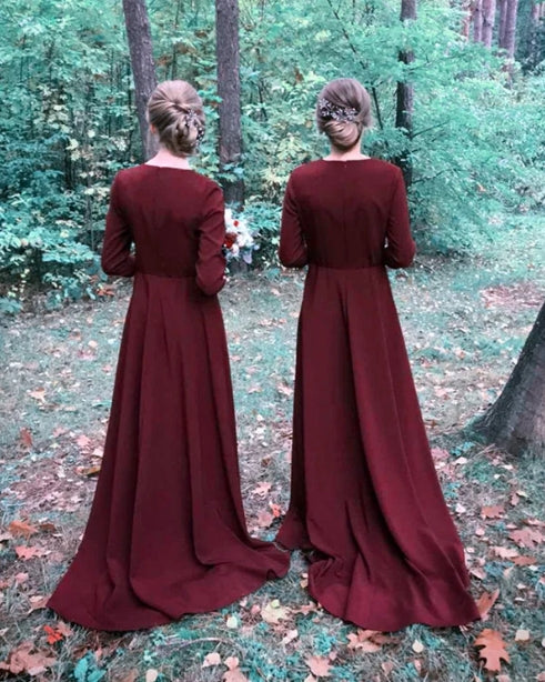 Burgundy Bridesmaid Dresses 3/4 Sleeves Long Dress With Sweep Train