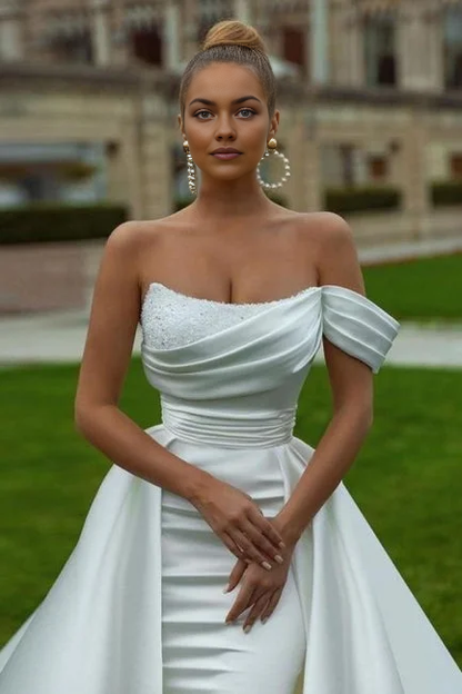 Off-the-Shoulder Mermaid Beads Wedding Dress Front Slit With Overskirt