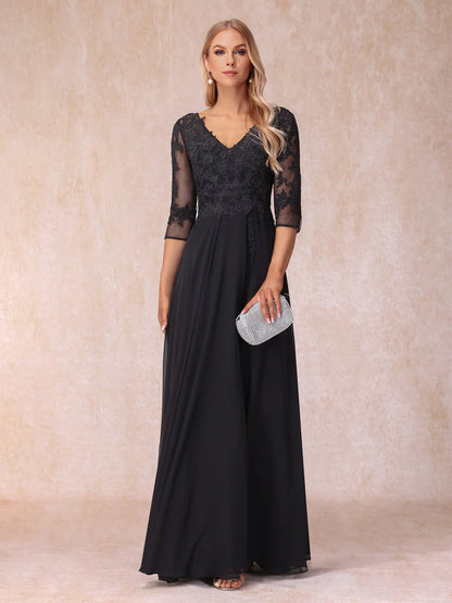 A-Line/Princess V-Neck 3/4 Sleeves Long Formal Evening Dresses With Beading