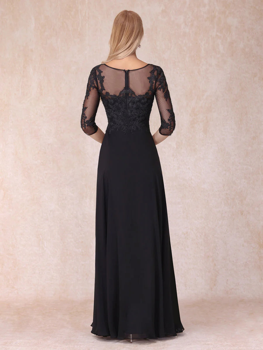 A-Line/Princess V-Neck 3/4 Sleeves Long Formal Evening Dresses With Beading