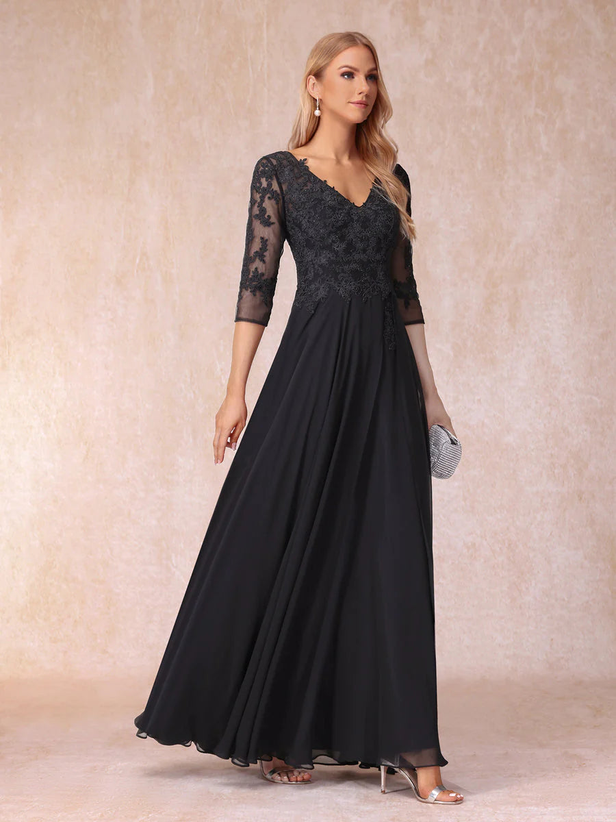 A-Line/Princess V-Neck 3/4 Sleeves Long Formal Evening Dresses With Beading