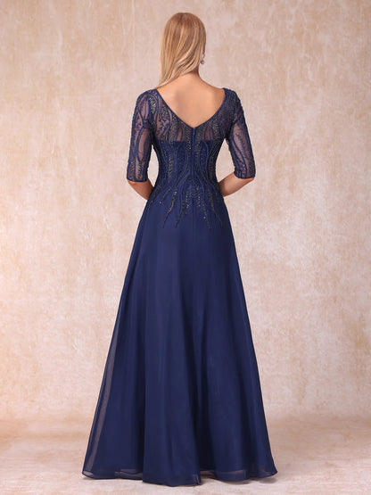 A-Line/Princess V-Neck Half Sleeves Long Formal Evening Dresses With Beading