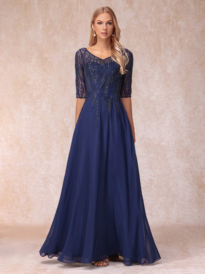 A-Line/Princess V-Neck Half Sleeves Long Formal Evening Dresses With Beading