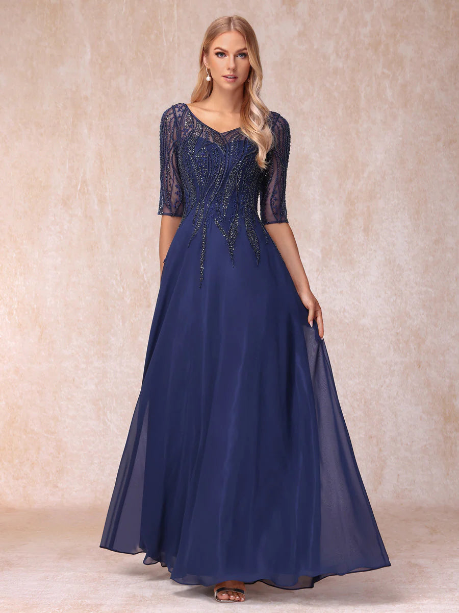 A-Line/Princess V-Neck Half Sleeves Long Formal Evening Dresses With Beading