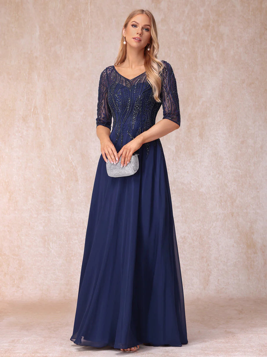 A-Line/Princess V-Neck Half Sleeves Long Formal Evening Dresses With Beading