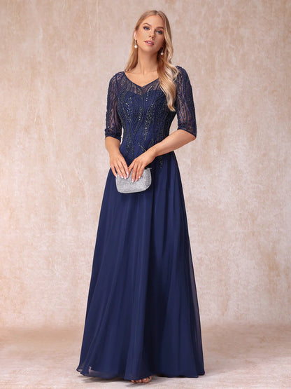 A-Line/Princess V-Neck Half Sleeves Long Formal Evening Dresses With Beading