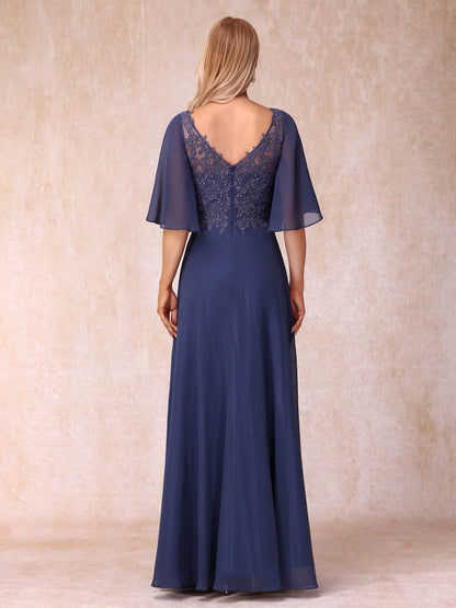 A-Line/Princess V-Neck Half Sleeves Long Formal Evening Dresses With Beading