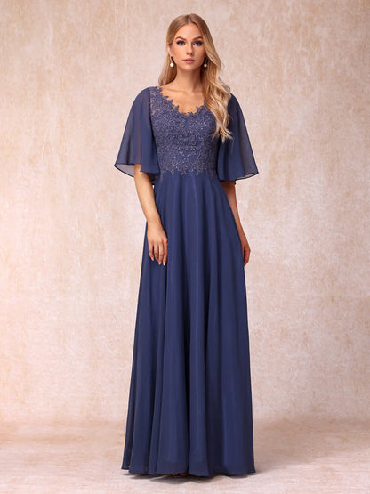 A-Line/Princess V-Neck Half Sleeves Long Formal Evening Dresses With Beading