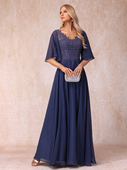 A-Line/Princess V-Neck Half Sleeves Long Formal Evening Dresses With Beading