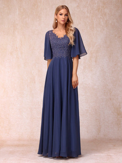 A-Line/Princess V-Neck Half Sleeves Long Formal Evening Dresses With Beading