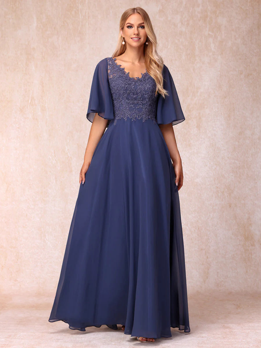 A-Line/Princess V-Neck Half Sleeves Long Formal Evening Dresses With Beading