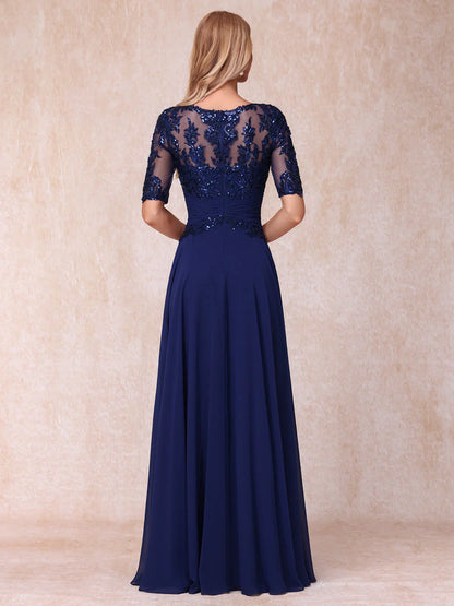 A-Line/Princess Sheer Neck Half Sleeves Long Formal Evening Dresses With Sequins