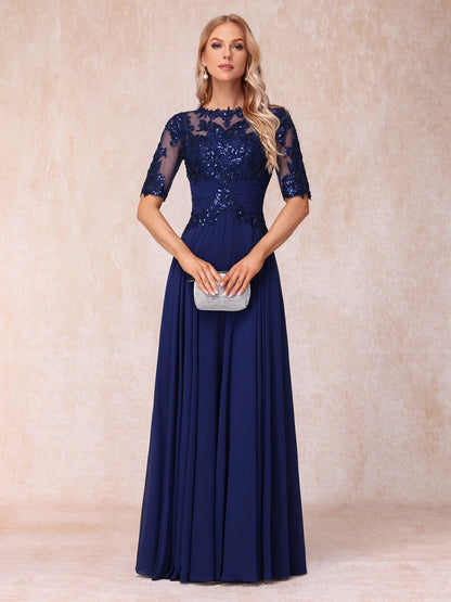 A-Line/Princess Sheer Neck Half Sleeves Long Formal Evening Dresses With Sequins