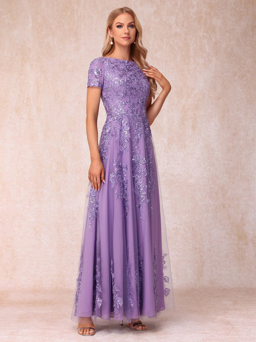 A-Line/Princess Sheer Neck Short Sleeves Long Formal Evening Dresses With Appliques