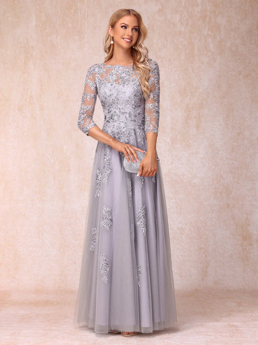 A-Line/Princess Sheer Neck Half Sleeves Long Formal Evening Dresses With Beading